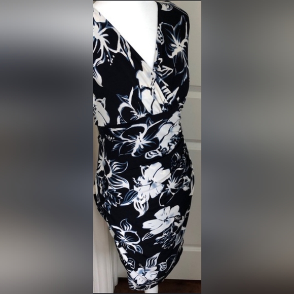 RALPH LAUREN Navy Dress- Tropical Hibiscus Flower Print - Size 14 EUC - Picture 2 of 2